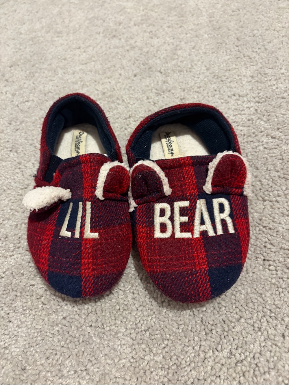 dearfoams Red and Navy Plaid Kids Slip-On Slippers - 'LIL BEAR' Embroidery